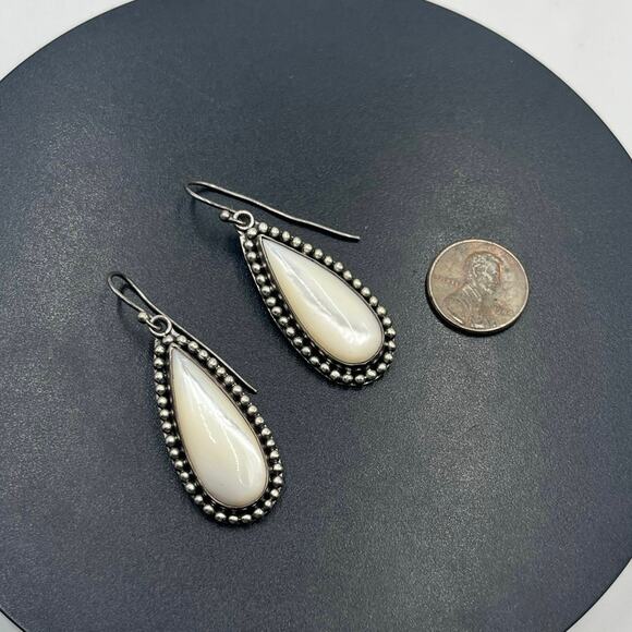 BA Indonesia 925 Mother Of Pearl Drop Dangle Sterling Silver Heavy Earrings - Picture 4 of 12